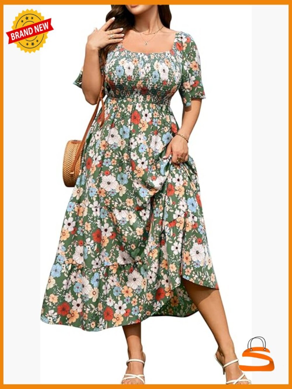 Plus Size Smocked Boho Floral Maxi Dress Short Sleeve Square Neck Summer